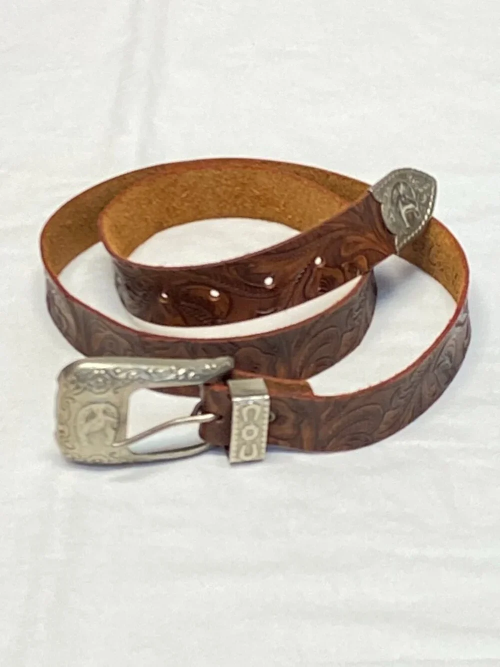 C&ck Tooled Leather Ornate Silver Tone Buckle Narrow Belt Brown Cowgirl Western